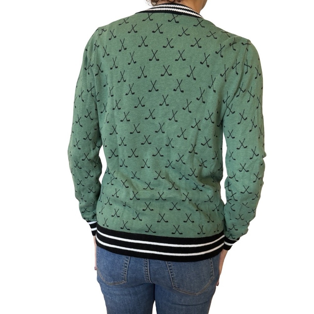 Minnie Rose Tennis Club Print Cardigan Sweater  Golf Green Cotton Cashmere S - Picture 10 of 15
